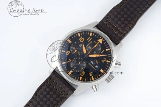 MIROTIME 0118 Pilot Chrono SS AZF 1:1 Best Edition Black Dial Orange Markers on Brown Leather Strap A EasyCare 7065